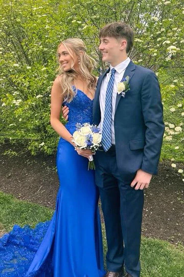 Spaghetti Strap Royal Blue Mermaid Evening Dress with Lace Applique Bodice and Sheer Lace Train