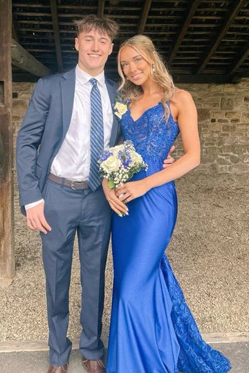 Spaghetti Strap Royal Blue Mermaid Evening Dress with Lace Applique Bodice and Sheer Lace Train