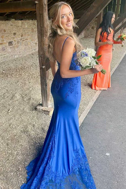 Spaghetti Strap Royal Blue Mermaid Evening Dress with Lace Applique Bodice and Sheer Lace Train