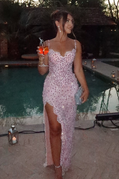 Spaghetti Strap Sweetheart Lace Sequin Embellished High Slit Asymmetric Hem Blush Pink Mermaid Prom Dresses