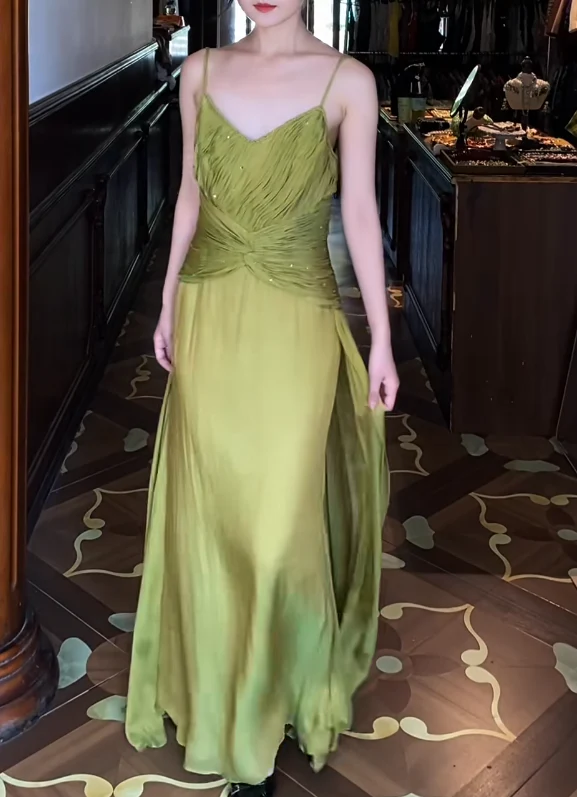 Spaghetti Strap V Neck Ruched Sequin Chiffon Maxi Evening Dresses with Side Slit