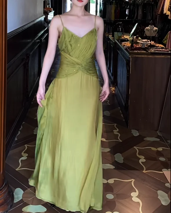 Spaghetti Strap V Neck Ruched Sequin Chiffon Maxi Evening Dresses with Side Slit