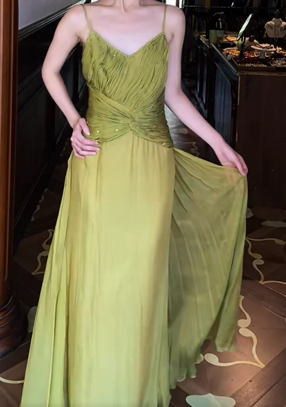 Spaghetti Strap V Neck Ruched Sequin Chiffon Maxi Evening Dresses with Side Slit