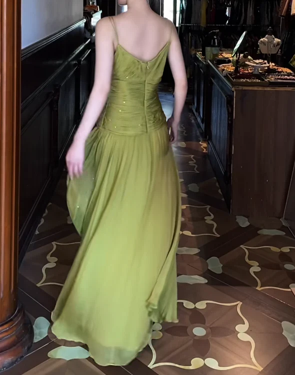 Spaghetti Strap V Neck Ruched Sequin Chiffon Maxi Evening Dresses with Side Slit