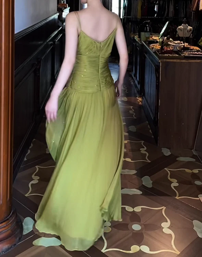 Spaghetti Strap V Neck Ruched Sequin Chiffon Maxi Evening Dresses with Side Slit