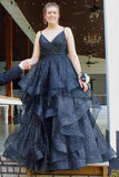 Royal Blue Sparkle Tulle V-Neck Multi-Layer Long Prom Dress