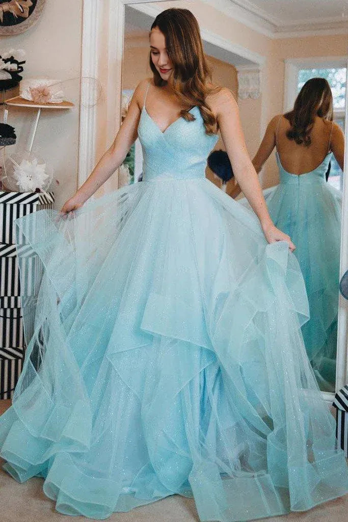 A Line Spaghetti Straps V Neck Evening Dress Open Back Sparkly Ruffles Long Prom Dress