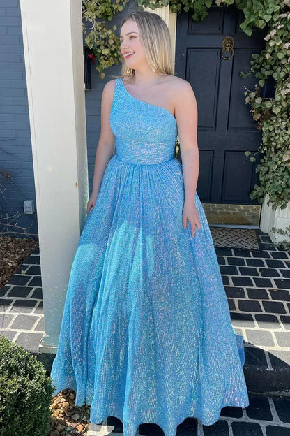 Sheath Glitter Sparking Sequins One Shoulder Brush Train Dresses Plus Size Prom Dress