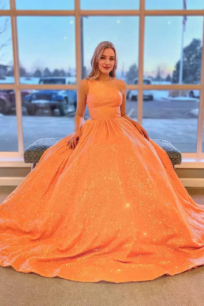 Sheath Glitter Sparking Sequins One Shoulder Brush Train Dresses Plus Size Prom Dress