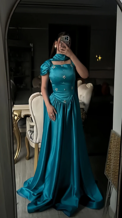 Square Neck Teal Satin Ball Gown with Puffed Short Sleeves Floral Beading and Matching Choker Scarf