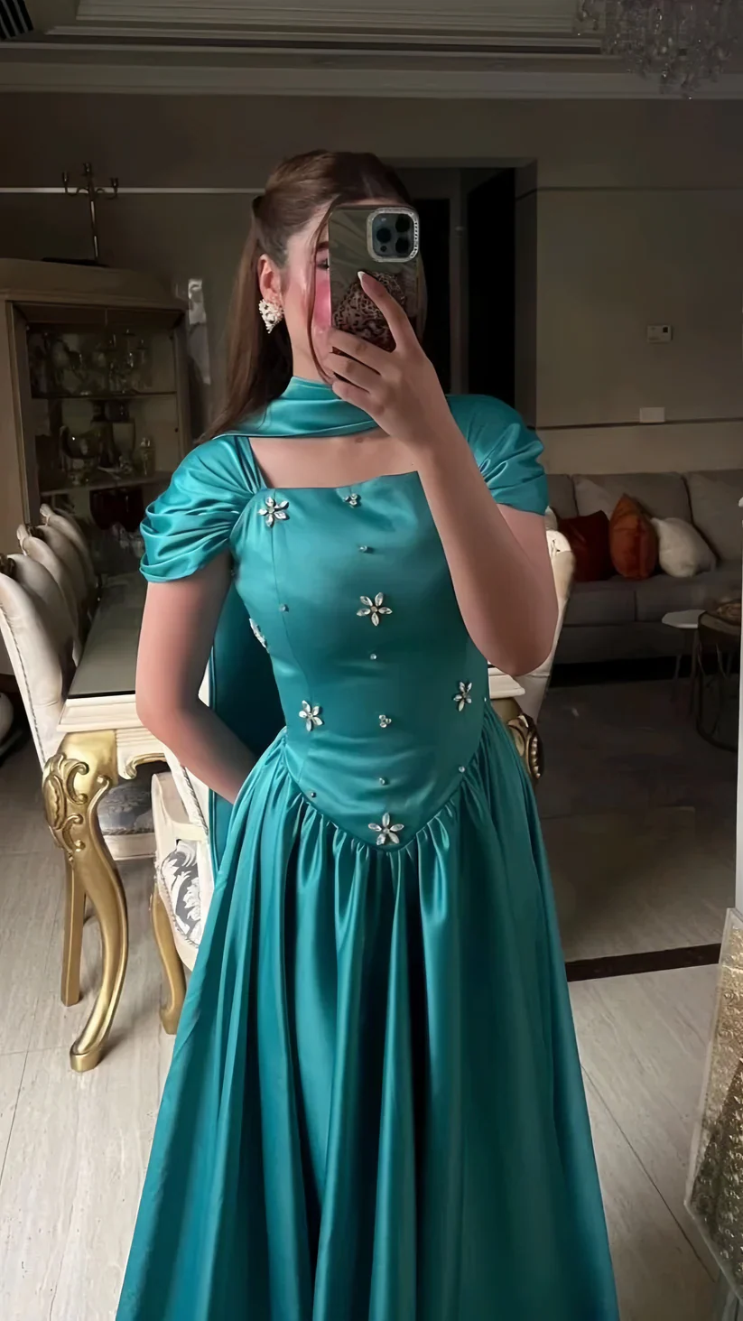 Square Neck Teal Satin Ball Gown with Puffed Short Sleeves Floral Beading and Matching Choker Scarf