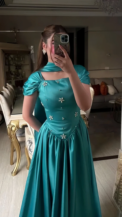Square Neck Teal Satin Ball Gown with Puffed Short Sleeves Floral Beading and Matching Choker Scarf