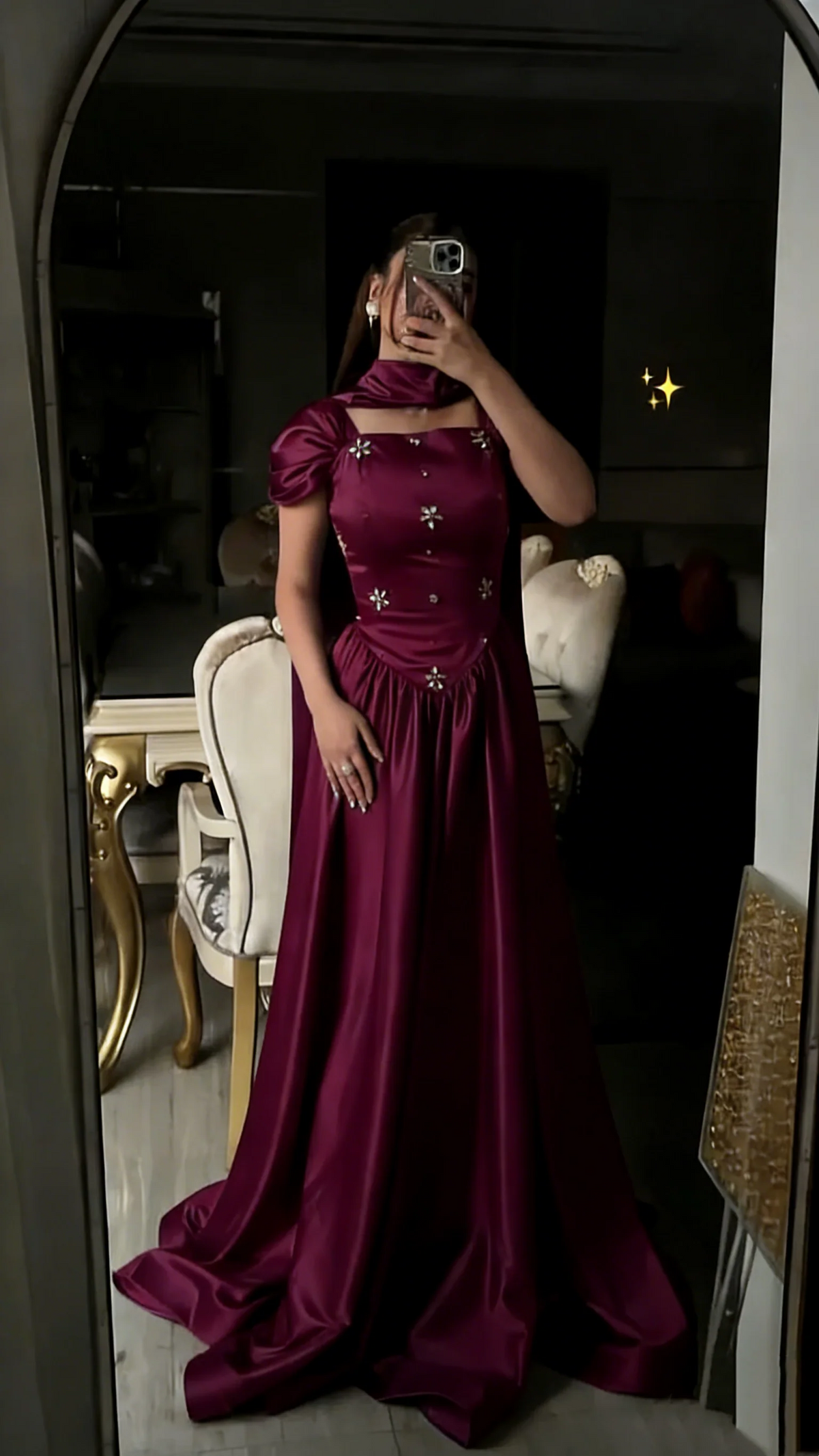 Square Neck Teal Satin Ball Gown with Puffed Short Sleeves Floral Beading and Matching Choker Scarf