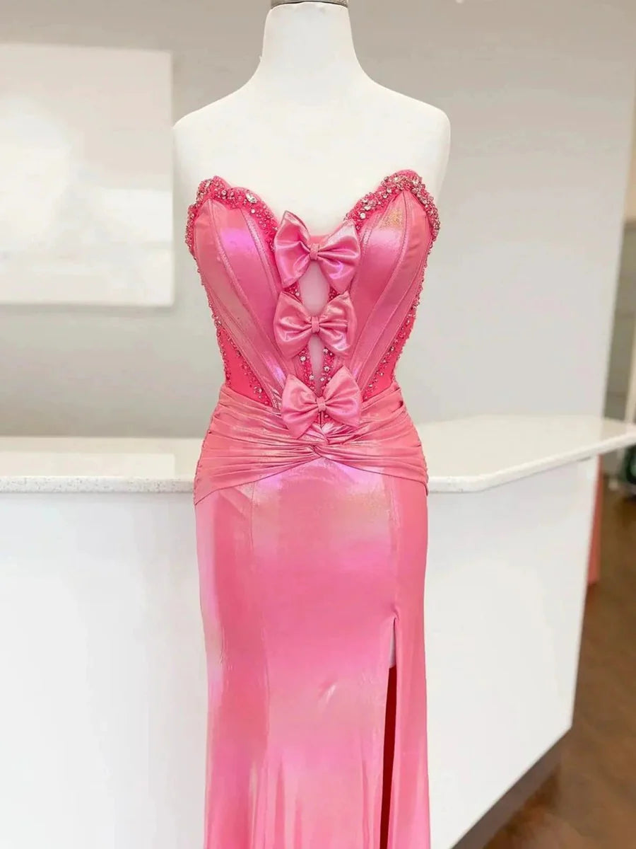 Strapless Bow Detail Iridescent Evening Dresses (Hot Pink)