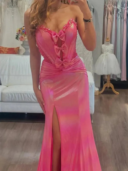 Strapless Bow Detail Iridescent Evening Dresses (Hot Pink)