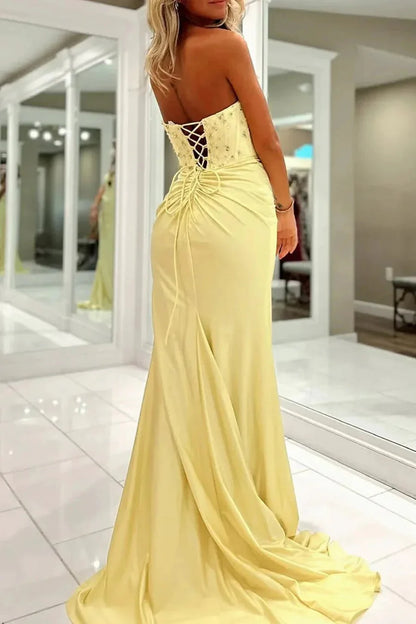 Strapless Heart Cutout Beaded Evening Dresses (Pale Yellow)