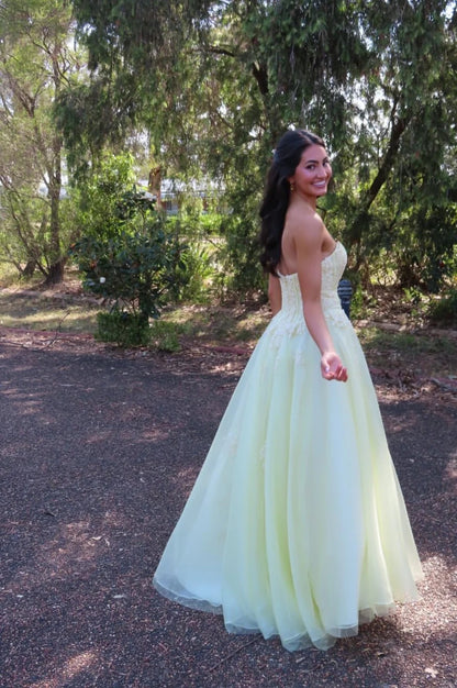 Strapless Lace Applique Tulle Ball Gown Evening Dress with Floral Embellishments