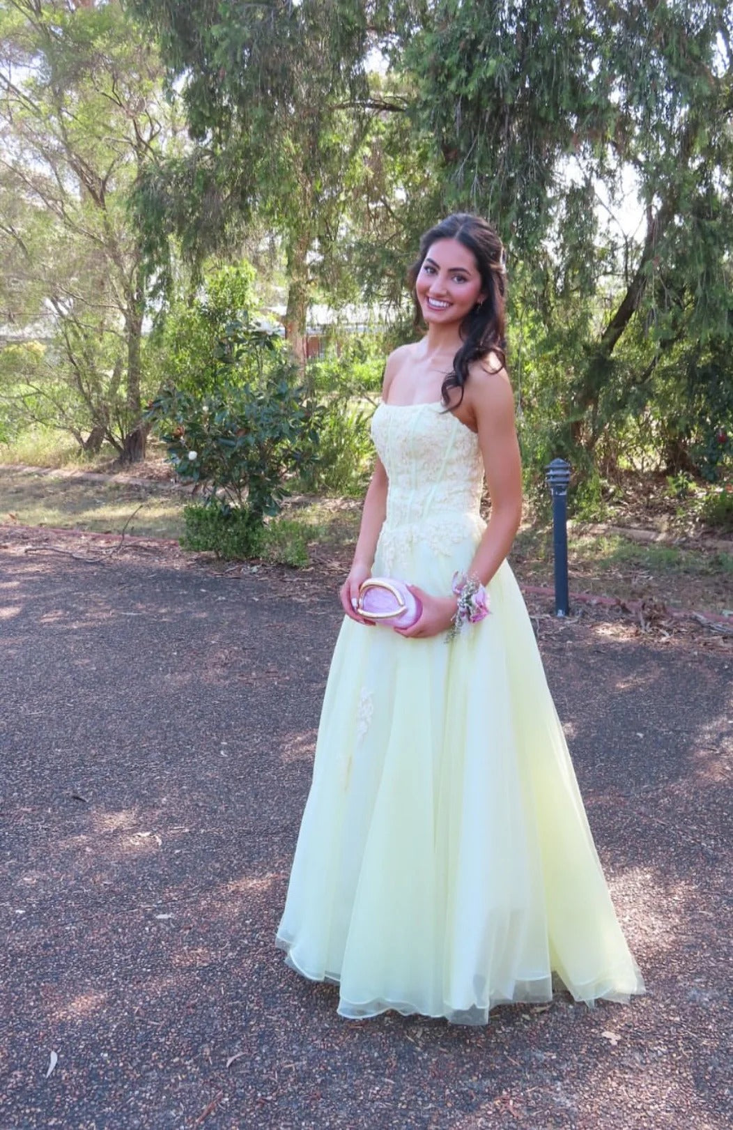 Strapless Lace Applique Tulle Ball Gown Evening Dress with Floral Embellishments