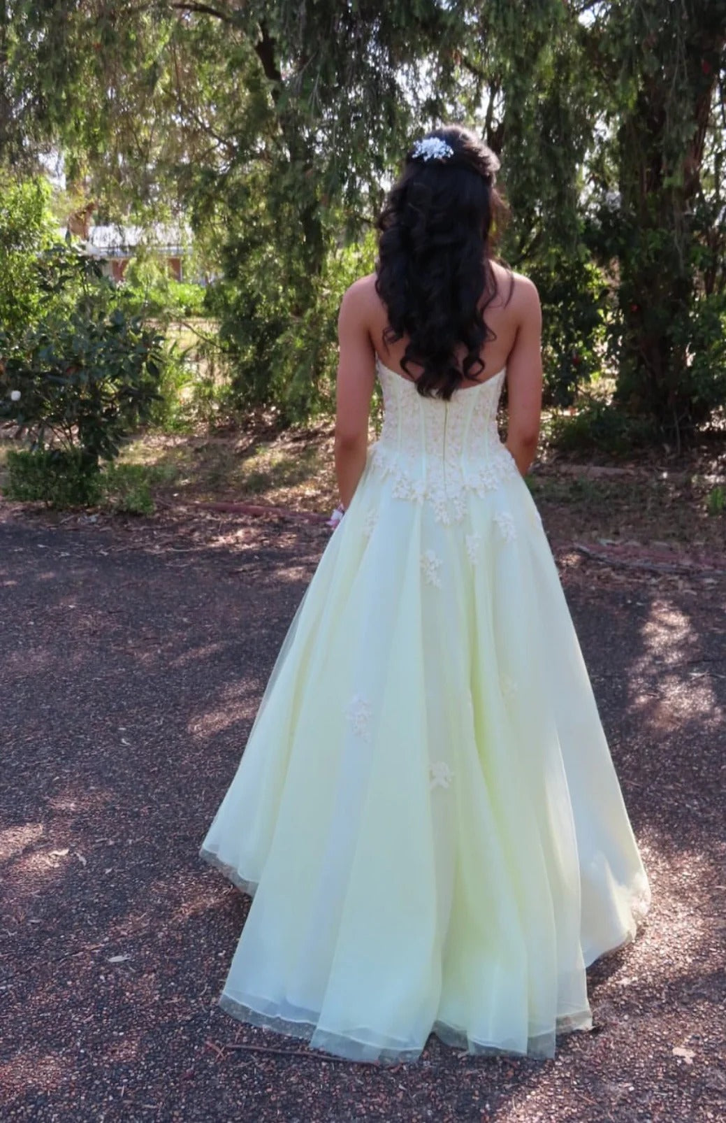 Strapless Lace Applique Tulle Ball Gown Evening Dress with Floral Embellishments