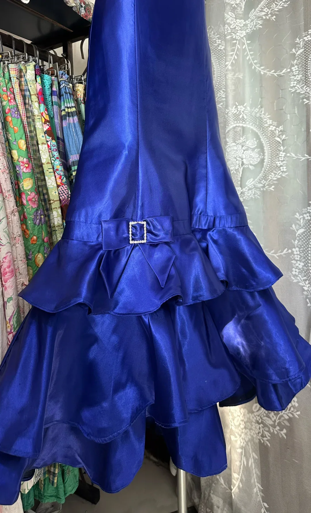 Strapless Satin Mermaid Evening Dress with Ruffled Hem and Rhinestone Buckle Detail