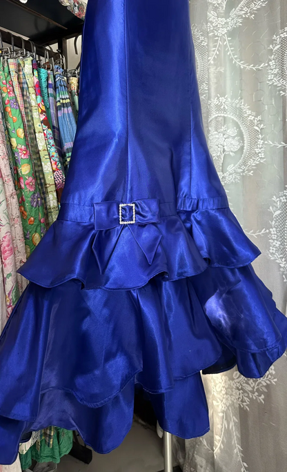 Strapless Satin Mermaid Evening Dress with Ruffled Hem and Rhinestone Buckle Detail