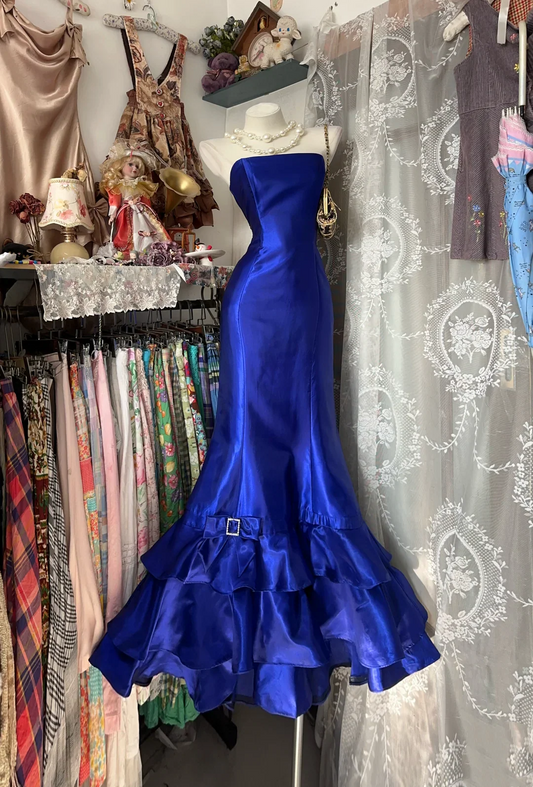 Strapless Satin Mermaid Evening Dress with Ruffled Hem and Rhinestone Buckle Detail