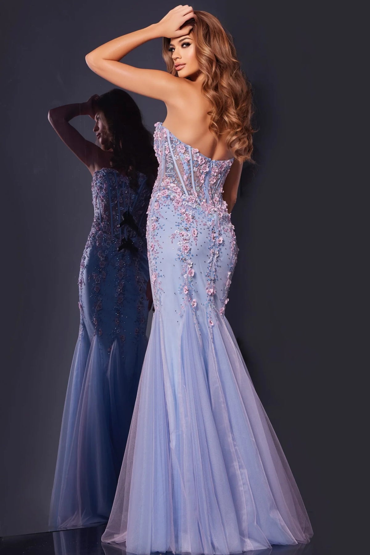 Strapless Sweetheart 3D Floral Embellished Corset Lilac Ombre Tulle Mermaid Chapel Train Prom Dresses