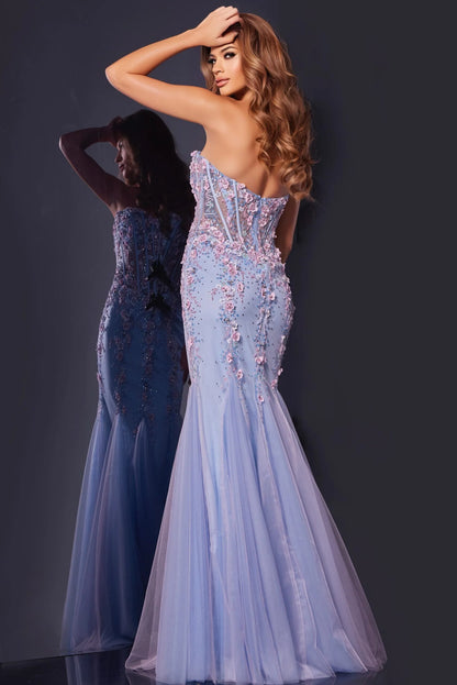 Strapless Sweetheart 3D Floral Embellished Corset Lilac Ombre Tulle Mermaid Chapel Train Prom Dresses