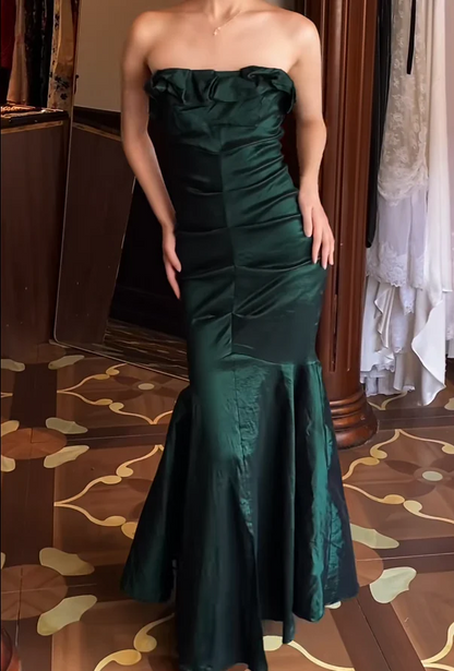 Strapless Sweetheart Ruched Satin Mermaid Evening Dresses with Ruffle Bodice