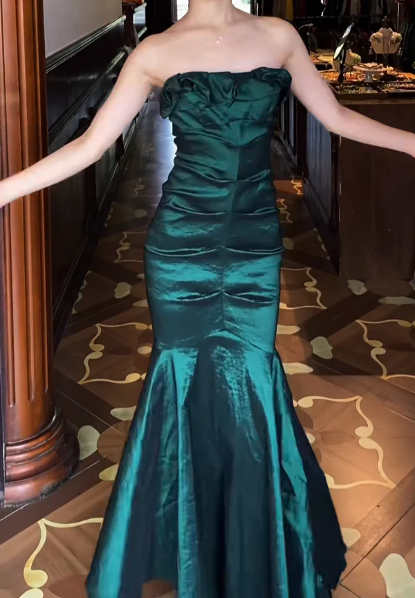 Strapless Sweetheart Ruched Satin Mermaid Evening Dresses with Ruffle Bodice
