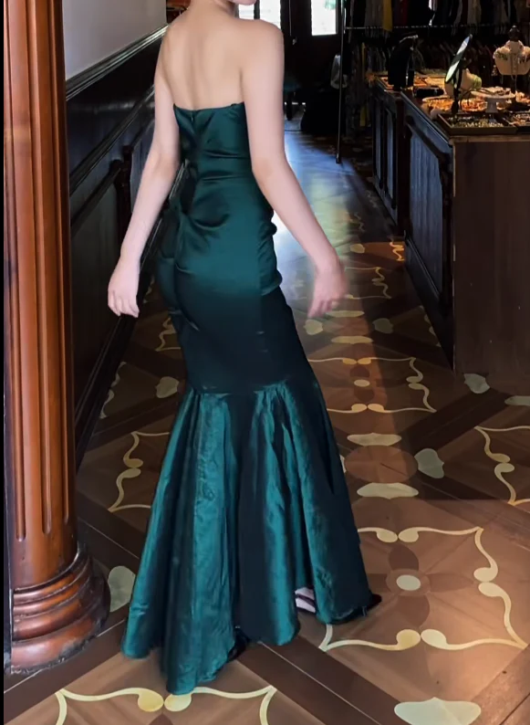 Strapless Sweetheart Ruched Satin Mermaid Evening Dresses with Ruffle Bodice
