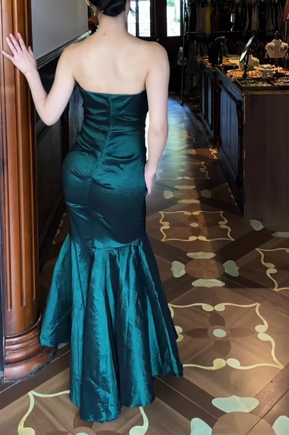 Strapless Sweetheart Ruched Satin Mermaid Evening Dresses with Ruffle Bodice