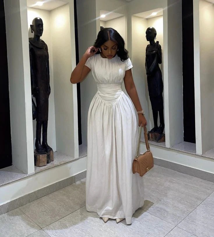 Stretch Fabric Elegant Ivory Pleated Short-Sleeve Ruched Waist A-Line Floor-Length Formal Dress
