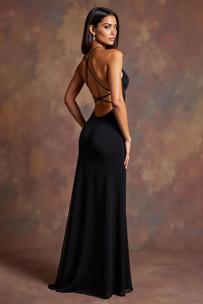 Sultry Black Spaghetti Strap Deep Plunge Crisscross Open-Back High Slit Evening Dress