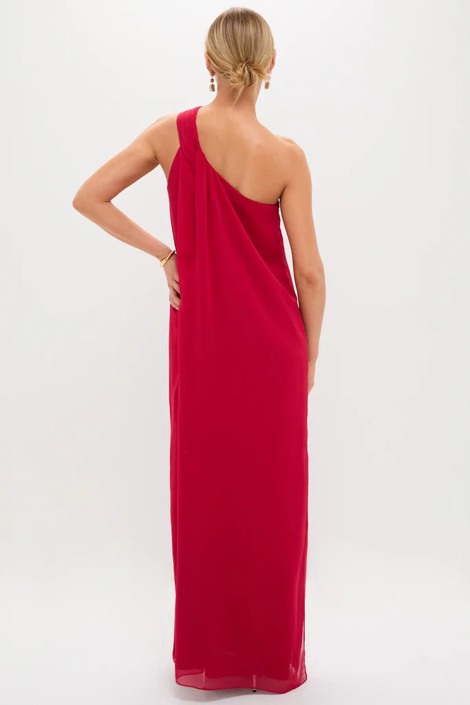 Sultry Red One-Shoulder Maxi Dress with Twist Detail and Side Slit, Evening Dresses