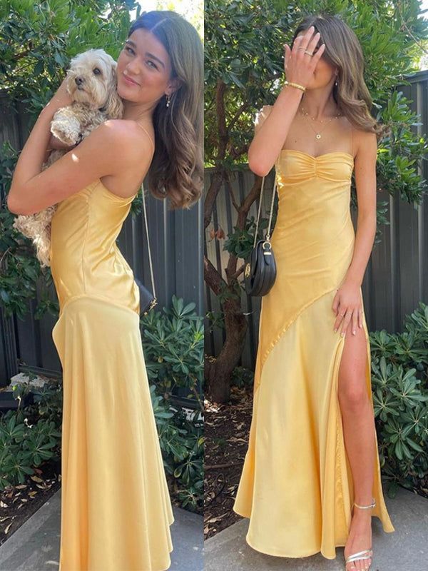 Sunny Strapless Sweetheart Ruched Bodice Asymmetric High-Slit Satin Floor-Length Evening Dress