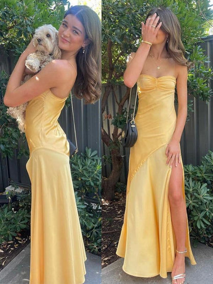 Sunny Strapless Sweetheart Ruched Bodice Asymmetric High-Slit Satin Floor-Length Evening Dress
