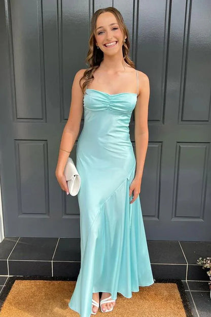 Sunny Strapless Sweetheart Ruched Bodice Asymmetric High-Slit Satin Floor-Length Evening Dress
