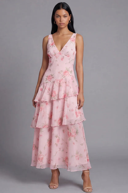 Sweet V-Neck Sleeveless Watercolor Pink Rose Print Tiered Ruffle Maxi Dress with Open Back Prom Dress