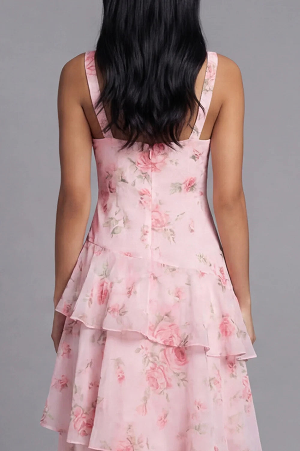 Sweet V-Neck Sleeveless Watercolor Pink Rose Print Tiered Ruffle Maxi Dress with Open Back Prom Dress
