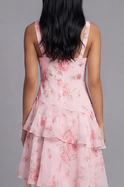 Sweet V-Neck Sleeveless Watercolor Pink Rose Print Tiered Ruffle Maxi Dress with Open Back Prom Dress