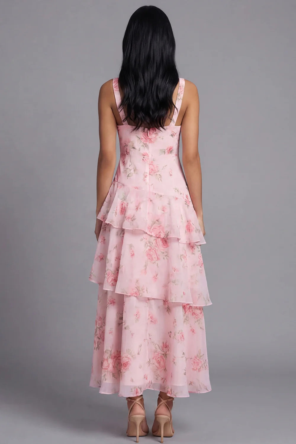 Sweet V-Neck Sleeveless Watercolor Pink Rose Print Tiered Ruffle Maxi Dress with Open Back Prom Dress
