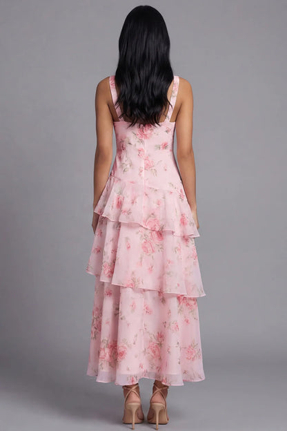 Sweet V-Neck Sleeveless Watercolor Pink Rose Print Tiered Ruffle Maxi Dress with Open Back Prom Dress