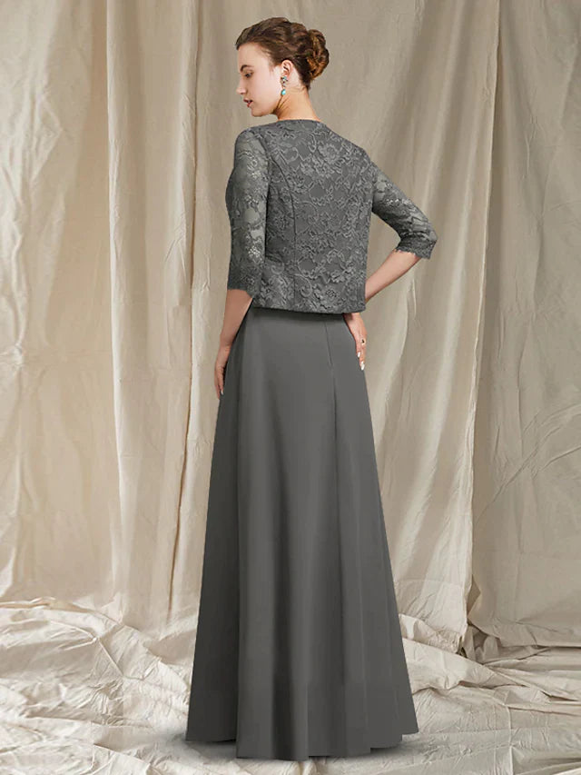 Mother of the Bride Dress Elegant Wrap Included Square Neck Floor Length Chiffon Lace Sleeveless with Lace