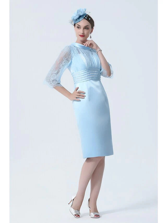 Mother of the Bride Dress See Through Jewel Neck Knee Length Charmeuse Half Sleeve with Lace Sash Ribbon