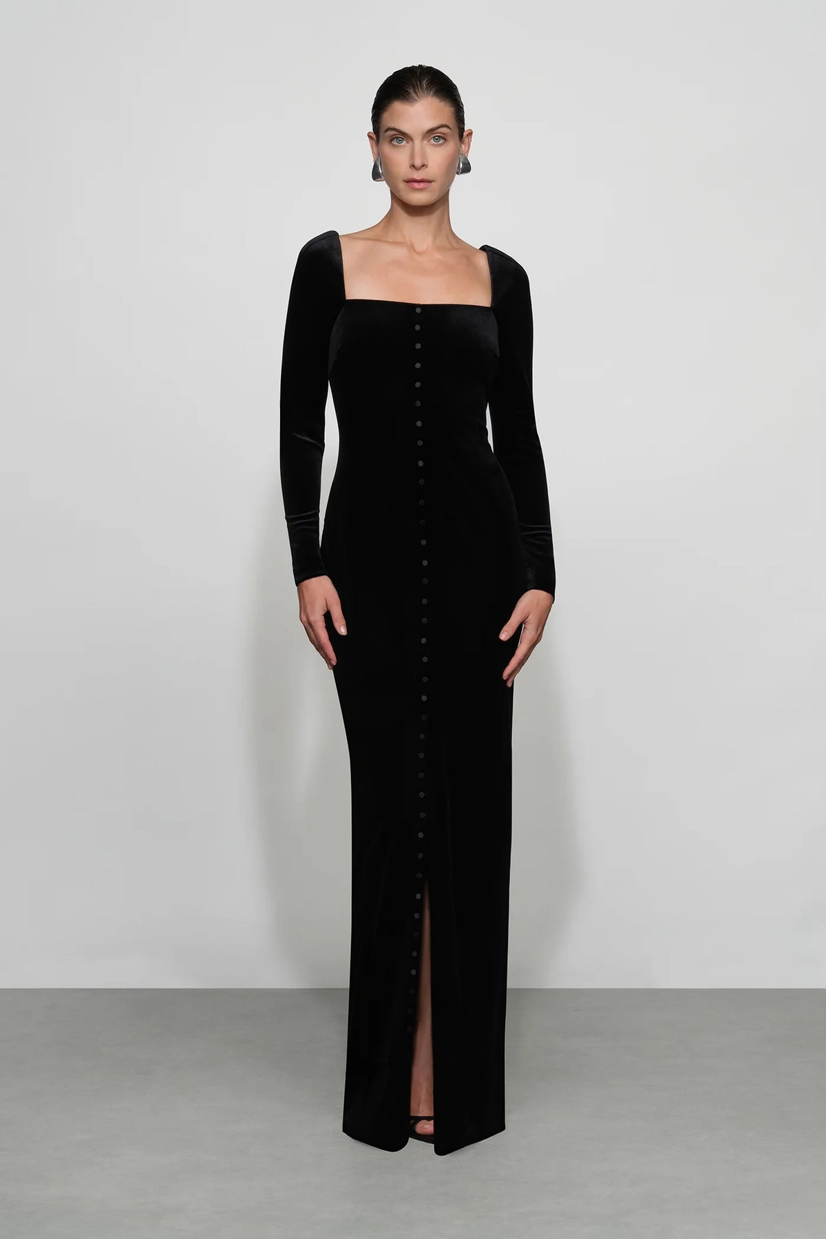 Timeless Black Velvet Square Neck Long Sleeve Button-Front Floor-Length Evening Dress