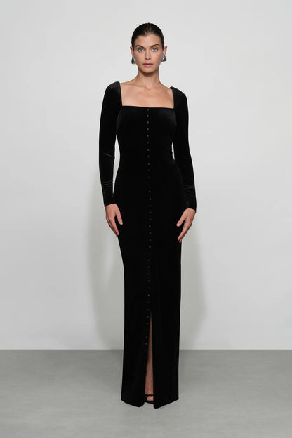 Timeless Black Velvet Square Neck Long Sleeve Button-Front Floor-Length Evening Dress