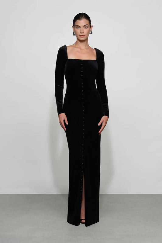 Timeless Black Velvet Square Neck Long Sleeve Button-Front Floor-Length Evening Dress