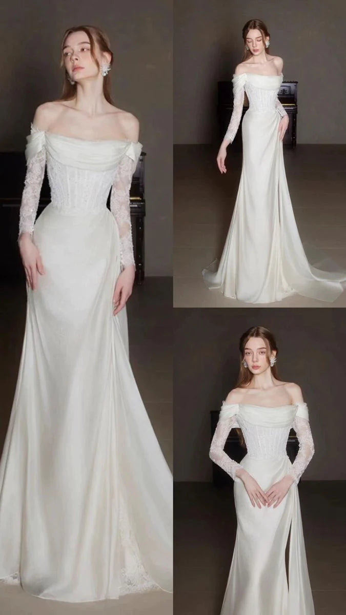 Timeless Ivory Satin Off-the-Shoulder Lace Long-Sleeve Corset Bodice Mermaid Train Wedding Dress