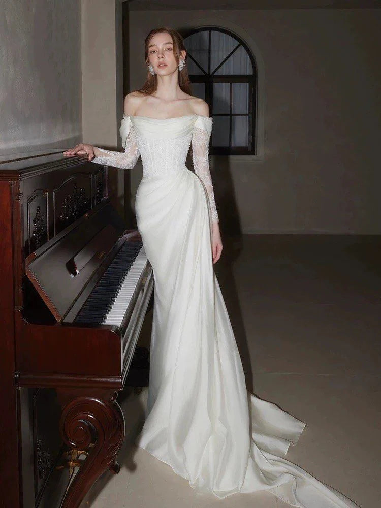 Timeless Ivory Satin Off-the-Shoulder Lace Long-Sleeve Corset Bodice Mermaid Train Wedding Dress